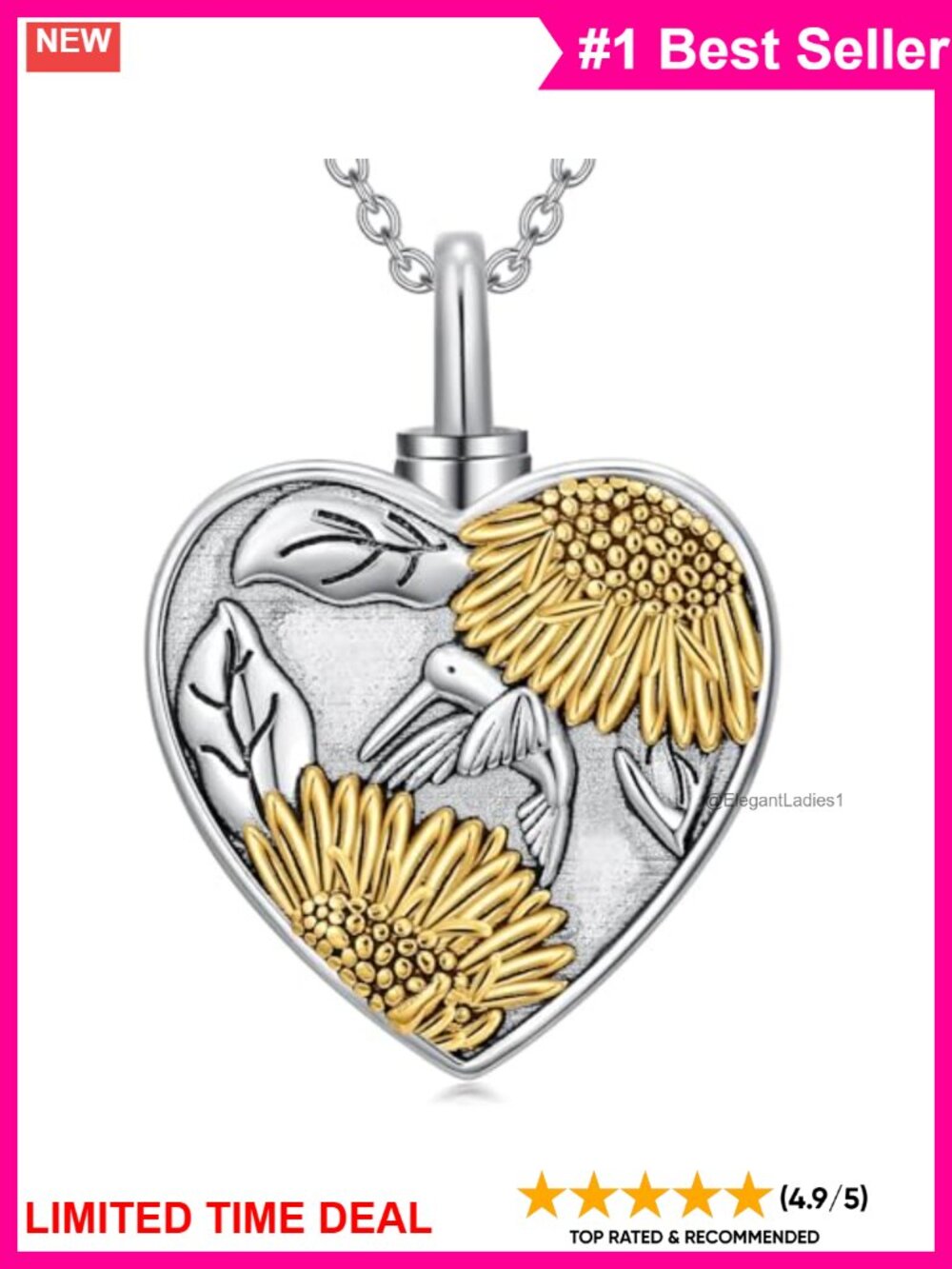 Sterling Silver Hummingbird Sunflower Urn Necklace 18+2"